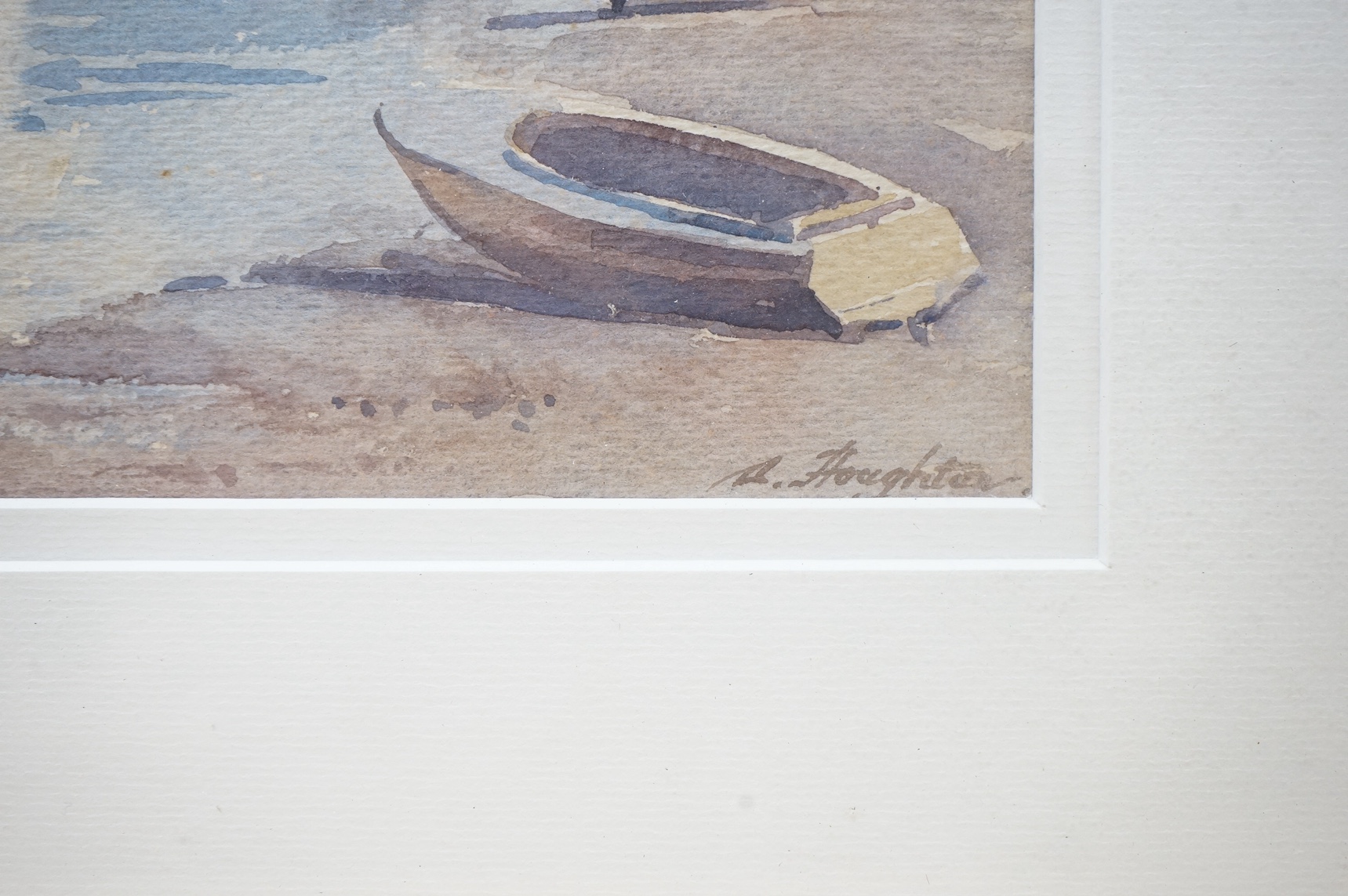 Albert Houghton (1906-1997) Wapping Group, watercolour, Riverscape with sailing boats, signed, 24 x 35cm. Condition- fair